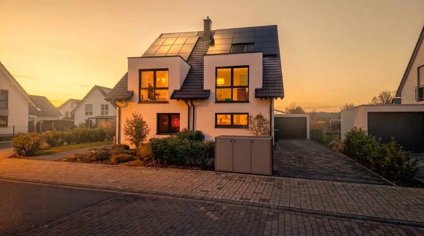 Einfamilienhaus mit Photovoltaik-Anlage in der Abenddämmerung